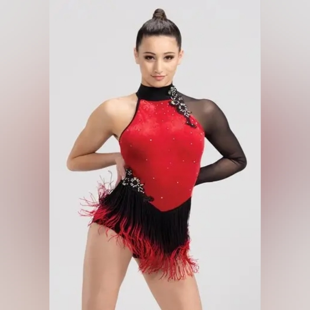Weissman Red Black Crystal One Sleeve Dance Costume Dont Go Yet 14520 Size IC
